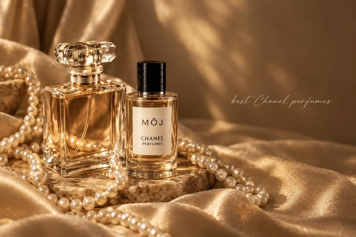 MOJ Chanel inspired perfume bottle beside a crystal perfume bottle with a faceted cap on marble and gold satin with a pearl necklace